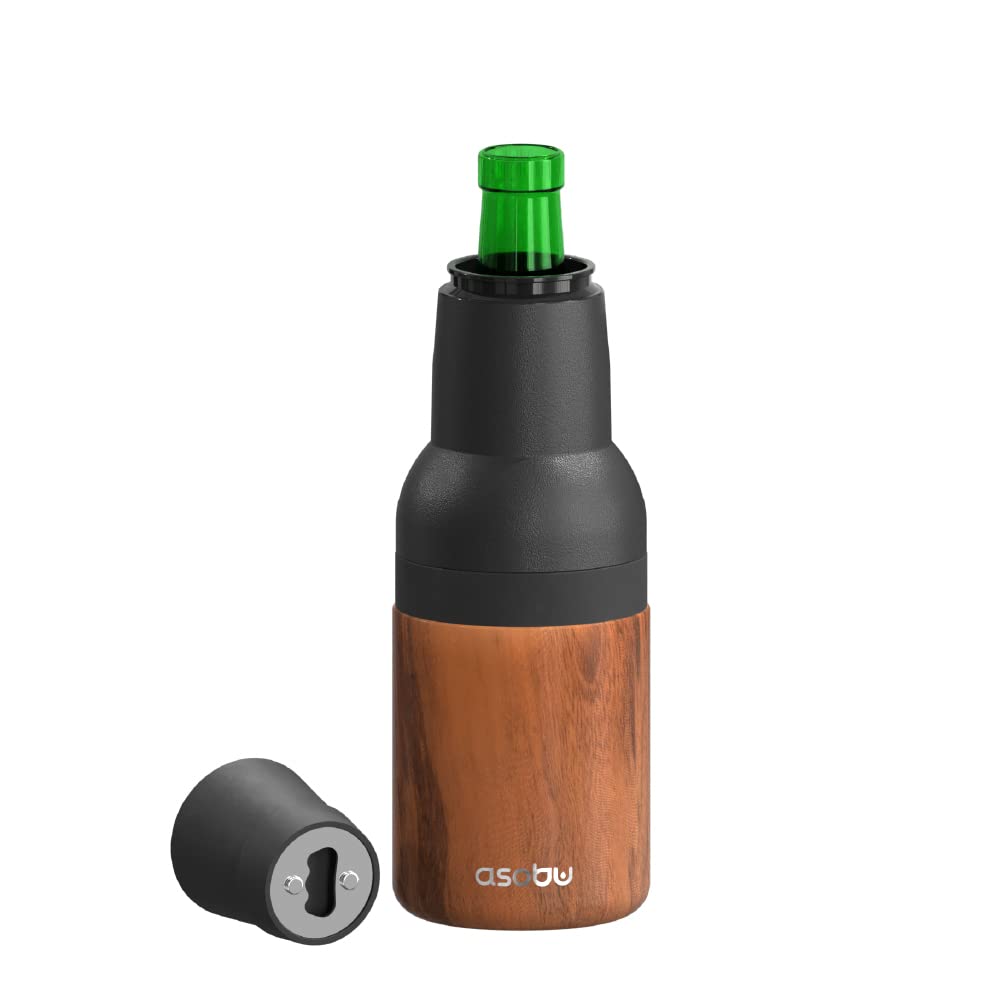 Asobu Frosty Beer Holder 2 Go Vacuum Insulated Double Walled Stainless Steel Beer Can and Bottle Cooler with Beer Opener, Bpa Free, Fits Standard 12oz Bottles & Cans, Gift for Beer Lovers Wood