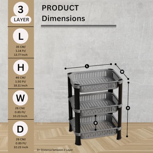 FOROLY 3-Layer Multipurpose Plastic Kitchen Storage Rack | Vegetable Basket Organizer | Stackable Storage Stand for Home, Pantry, Bathroom, Office – Durable Space-Saving Shelf (Silver)