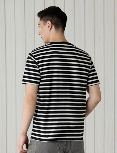 Image of Amazon Brand - Symbol Men Cotton Rich Relaxed Fit Striped Tshirt | Half Sleeves | Available in Plus Size