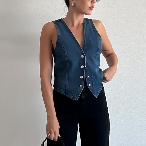 MAINESAKA Women's y2k Denim Vest V-Neck Open Front Crop Vest Jackets Vintage Sleeveless Button Down Jean Waistcoat3