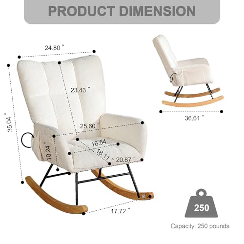 Image of Rocking Chair Nursery with Airbag, Comfy Modern Nursery Rocking Reading Chair Indoor, Cozy Upholstered Glider Rocker Chairs for Living Room Bedroom Offices, (Chenille, White)