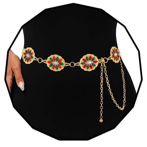 Navoky Christmas Concho Turquoise Belt Women Cowgirl Western Waist Chain Gold Country Adjustable Belly Chains for Dress