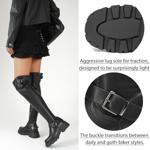 Image of CouieCuies Black Thigh High Boots For Women Platform Over The Knee High Boots Lug Sole Comfortable Stretch Boots 6-11