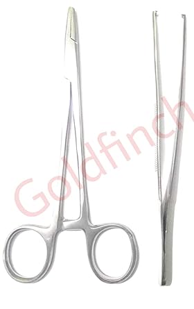 GOLDFINCH? Stainless Steel Instrument Toothed Forceps, Needle Holder (6 Inches) -Set of 2 PCs