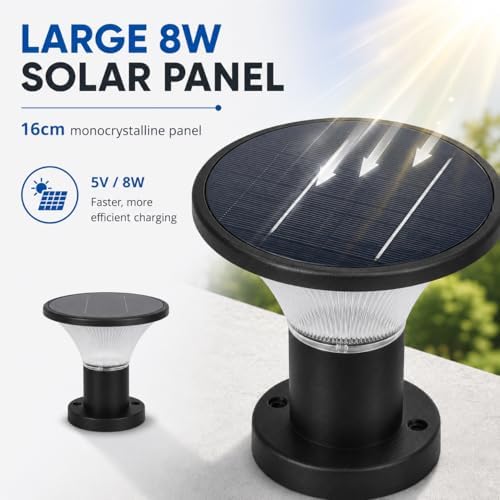 Solar Post Cap Lights, 4400mAh Solar Post Lights Outdoor with 5V 8W Round Mono Panel, 3 Color Modes, IP65 Waterproof Aluminum Fence Post Solar Lights for Garden Patio Deck Driveway, Fit Most Posts - 2