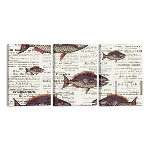 Toile murale salon moderne et décoration maison avec peinture encadrée de poisson vintage