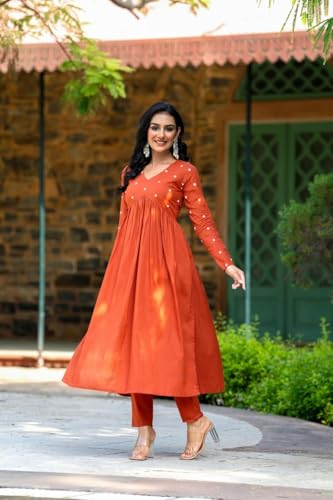 Image of Women's Dhanna Fashion Long Cut Salwar Suit with White Polka Dots,Full Sleeves, V-Neck,, Rayon