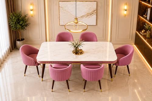 Image of WOODEN SPACE 6-Seater Wooden Dining Table Set | Nano Composite Marble Top | Solid Wood Base | Modern Dining Room Furniture with 6 Chairs (Pink)