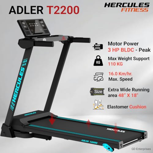 Image of Hercules Fitness T2200 1.5 /3.0 HP Peak BLDC Motorized Foldable Treadmill | 3 Level Manual Incline | Bluetooth MP3 Player Available | Max Speed 16 Km /Hr | Max User Weight 110 Kg