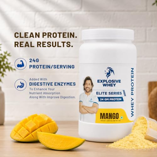 Image of Explosive Whey Elite Series Whey Protein - Trusted by M.S. Dhoni | 24g Protein per Scoop | Premium Concentrate Sport Supplement for Enhanced Muscle Growth and Recovery | Mango - 1kg (30 Servings)