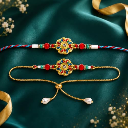 Image of DeoDap Rakhi with Chocolate for Bhai & Bhabhi - Stylish Rakhi for Bhai & Lumba for Bhabhi with Almond Chocolate, Silver Color Coin, Tilak Set & Greeting Card, Raksha Bandhan Combo Pack (K1 X51 CA32)