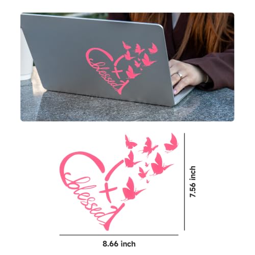 Image of Blessed Cross & Butterfly Heart Decal- 8.6 inchx7.5 inch Inspirational Faith Waterproof Vinyl Sticker for Car, Truck, Window, Bumper, Laptop, Wall (Heart-Pink)