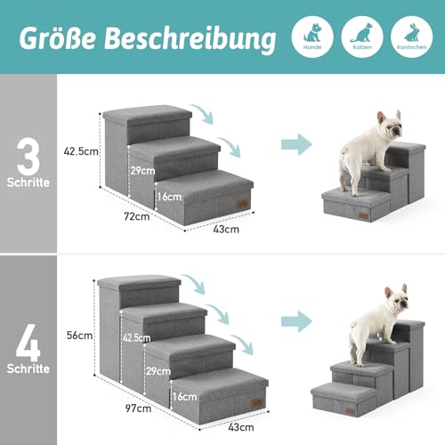 COZY KISS Hundetreppe für Kleine Hunde mit Stauraum, Breite Haustiertreppe Faltbare für Bett und Couch, Hunderampe mit Rutschfestem Boden, Lecksichere (Grau, 43x97x56cm, 4)