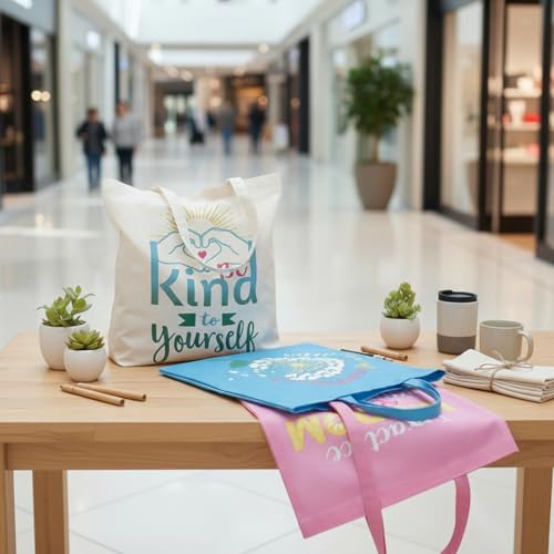 Bolsas tote grandes no tejidas de 15" x 17" en rosa, blanco y azul con mensaje de amabilidad - Paquete de 12 piezas miniatura 3