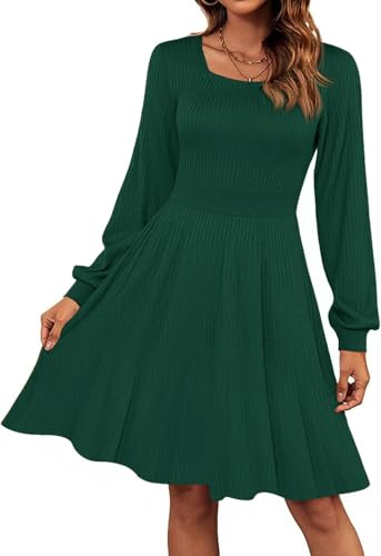 Saodimallsu Damen Strickkleid Puffärmel Quadratischer Ausschnitt Elegant Pulloverkleid Frauen A-Linie Strickpullover Minikleid Grün XXL