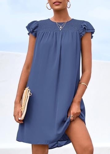 Image of KIRUNDO Wedding Guest Shift Dresses for Women Short Spring Summer Ruffle Cap Sleeve Chiffon Babydoll Flowy Mini Sundress