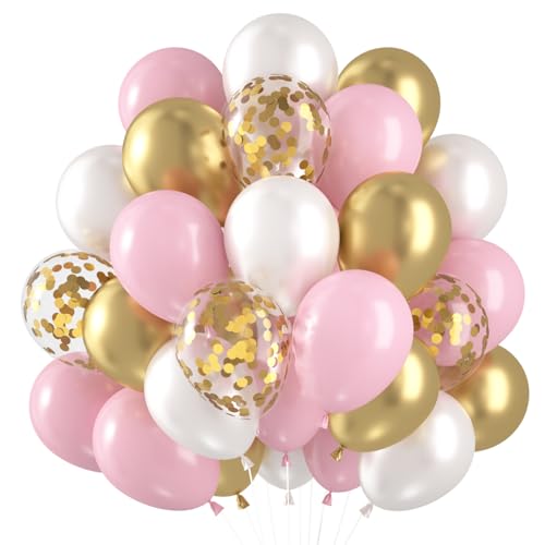 Luftballons Rosa Weiß Gold, 60 Stück Luftballons Geburtstag Rosa,...
