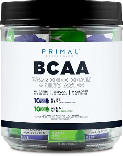 Primal BCAA Variety Pack, Blue Raspberry + Great Ape Green Apple Flavored (20 Stickpacks) - 7G BCAA per Serving, Branched Chain Amino Acids