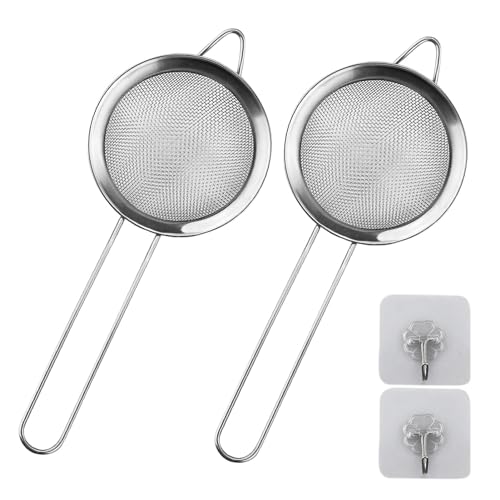 Juego de 2 pequeños coladores de malla fina de acero inoxidable con ganchos de cocina, 8 cm de diámetro, mini colador de té con asa, ideal para jugos, huevos, té, café, filtro