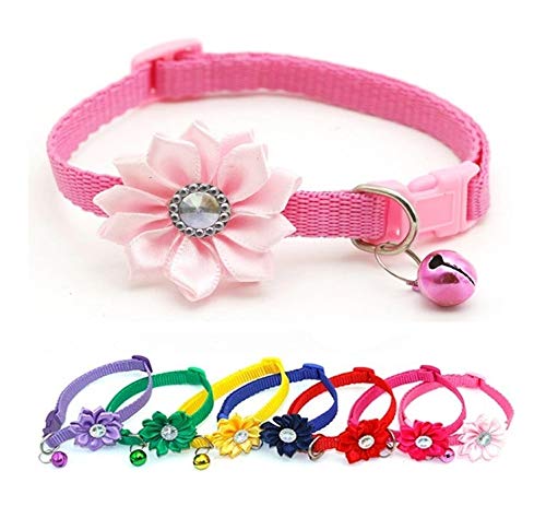 Doggie Style StoreSmall Dog Puppy Pet Collar Flower Floral Decoration with Bell Nylon Adjustable Size 19-32cm Light Pink