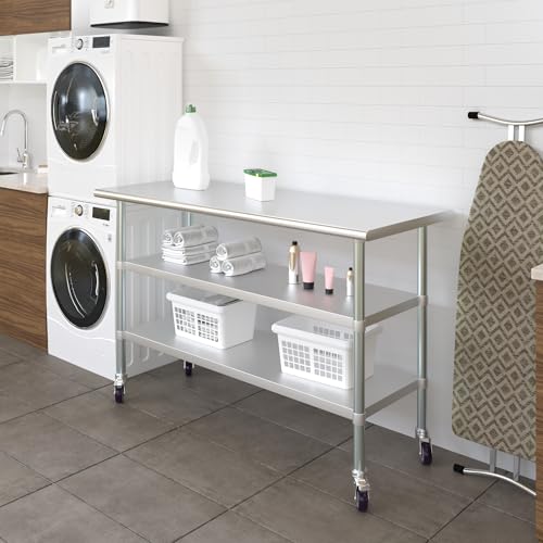 Image of AmGood Stainless Steel Work Table with 2 Shelves and Casters | Metal Utility Table On Wheels (Stainless Steel Work Table with 2 Shelves + Casters, 60 inch Long x 24 inch Deep)