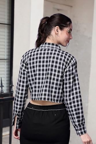 Image of POPWINGS Casual Pure Cotton Checks Crop Shirt for Women | Stylish Western Crop Shirt for Women | Full Sleeves Crop Shirt for Women