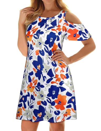 Image of Misyula Style Womens Summer Cold Shoulder Floral Flowy T-Shirt Dress with Pockets