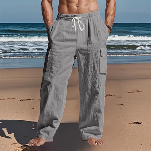 Linen Pants Men Drawstring Waist Mencomfy Cargo Pants Relaxed Fit Beach Vacation Yoga Lounge Pants with Pockets3