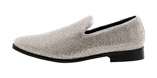 Jump New York Men's Jewel Slip-On Loafer | All-Over Pyramid & Rhinestone Jewel Ornaments | Formal Smoking Slipper|Silver Size 13 #TOP1