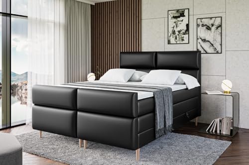 ALTDECOR Boxspringbett mit Holz Füßen, Matratze und Lattenrost, Topper, Fußteil, Polsterbett mit Bettkasten, Bett mit Stauraum H3- und H4- Matratze -BOXI3-FD-Z KING-200x200 - Schwarz Kunstleder – Bild 6