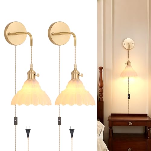 Image of Shenmoyl Vintage Plug in wall sconces Set of 2, 4.9FT Corded Wall Lamps with White Lily of The Glass Shade Hanging, sconces wall Decor for Bedroom Living Room Hallway Doorway