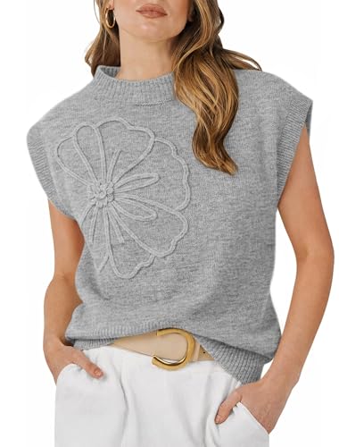 IWD Cap Sleeve Sweater Vest for Women 3D Floral Sleeveless Knit Tops Womens Crew Neck Pullover Flower Short Sleeves Floral Gray Medium