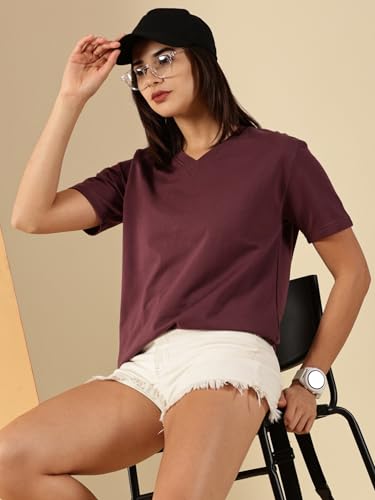 Image of Women's Pure Cotton Relaxed Fit V-Neck Half Sleeve T-Shirt | Gym Wear Casual Look T-Shirt | Regular Fitting with Comfort Wear for Women