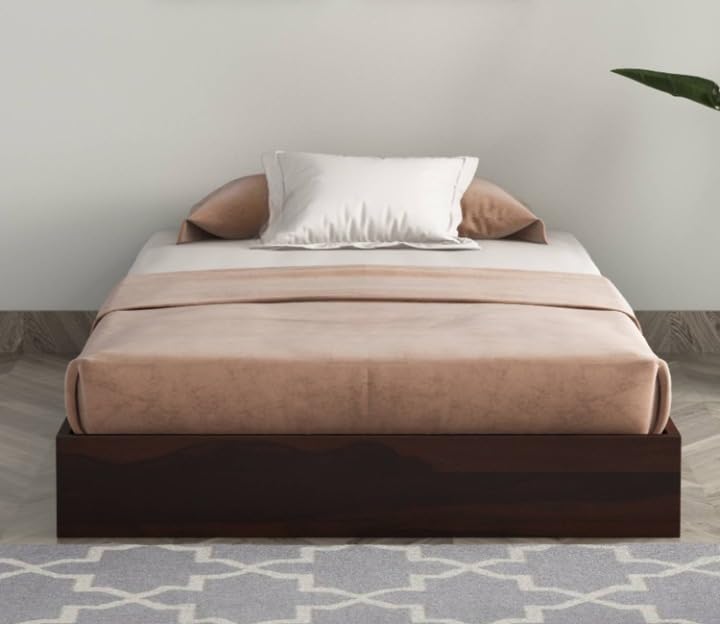 Image of SUNCOM Sheesham Wood Low Height Double Size Bed Without Storage Wooden Palang Furniture Solid Wood Cot for Bedroom Living Room (Walnut Finish)