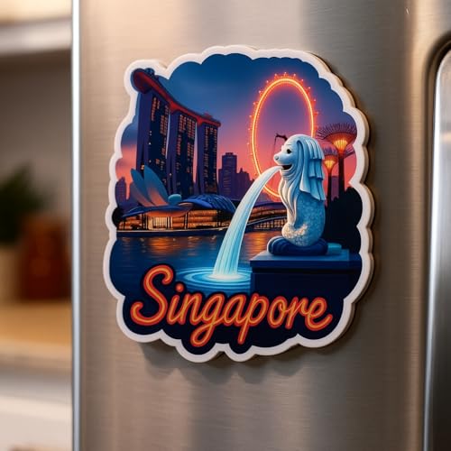 Image of Naxon Singapore Country Theme Souvenir Wooden Refrigerator Stylish Fridge Magnet - Travel Collectible Gift | Fridge Decoration Magnet for Kitchen & Home Decor | Size 3x3 Inches | Pack of 1