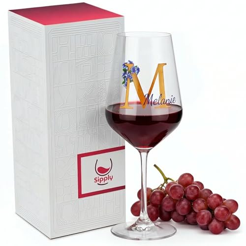 Sipply Weinglas personalisiert mit Monogramm und Name 530 ml Blaue Blüten Geschenke zum Geburtstag Weihnachten für Mama Papa Oma Opa Freundin Weinliebhaber