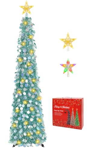 5FT Pop Up Christmas Tree with Lighted Top Star Aqua Blue