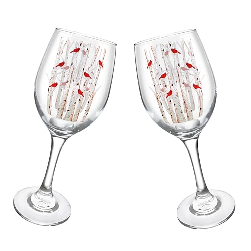BANBERRY DESIGNS Cardinal Wine Glasses Set of 2 – Stemmed Red Cardinal & White Birch Tree Design – 12 oz Decorative Nature Wine Glasses – Bird Lover Gifts for Women, Mom, Grandma, Memorial Gift
