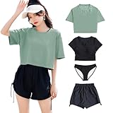 [Teddy] 水着 レディース 体型カバー 4点セット 半袖シャツラッシュガード ショートパンツ セパレート 4way hys2851 (L(11号), グリーン×ブラック)