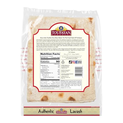 Toufayan Bakeries Authentic Lavash Bread – Traditional Hand-Stretched Thin Flatbread, 3 Pack (18 Total Lavash), Vegan
