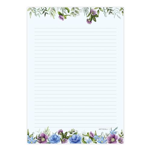 Image of A4 Designer Paper Sheets - 100 GSM Writing Paper - One Side Ruled One Side Blank - For School Projects, Assignments, Office Use & Printing - Floral Theme - 25 each design (100 Sheets)