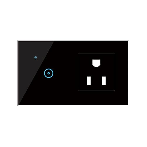 Toma de pared inteligente Wi-Fi con interruptor táctil de 1 banda, negro, control táctil, operación manual, clasificación IP54, compatible con Alexa
