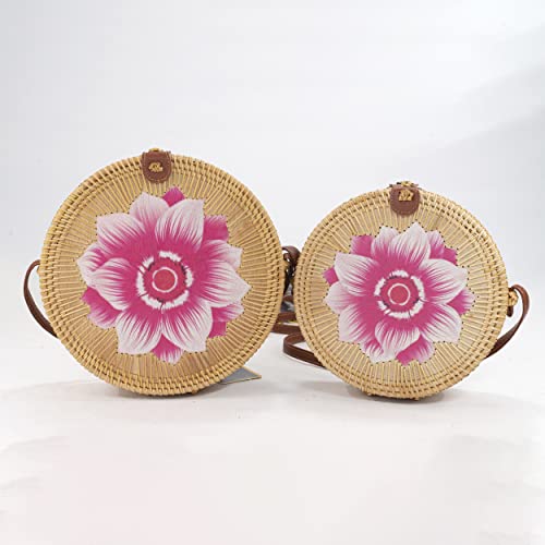 Bolso redondo de ratán para mujer, bolso de playa de paja, bolso tejido a mano con diseño floral (pequeño) miniatura 4