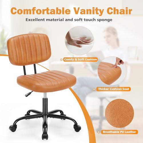 Image of Sweetcrispy Office Desk Chair, Small Home Vanity Chair, Lumbar Support | Armless PU Leather, Height Adjustable Rolling Swivel Task, Bedroom Home Student, Brown