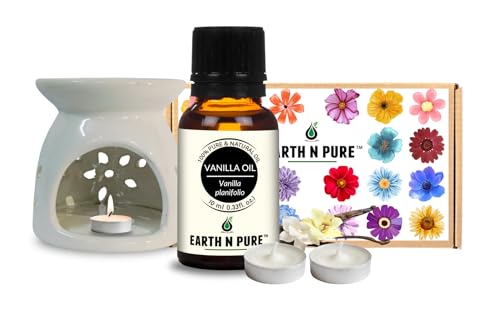 Image of Earth N Pure Ceramic Aroma White Diffuser Burner with 10Ml Vanilla Oil & 2 Pcs Candles Strong & Long-Lasting Fragrance | Perfect for Gift Set