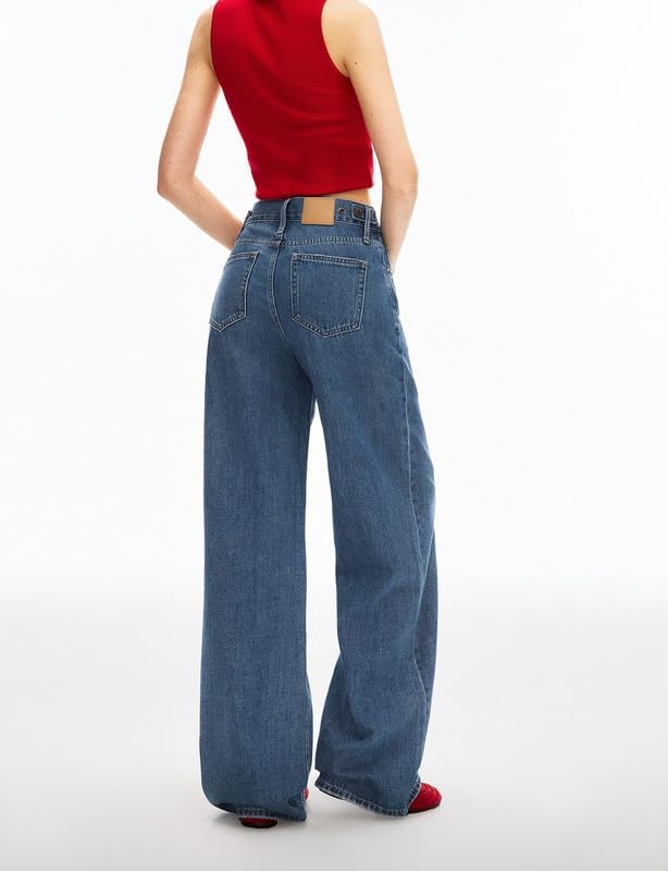 Women’s Adjustable Wasit Baggy Jeans with Snap-Button Waistband Wide Straight Leg High Rise Jeans Denim Pants Y2K Trousers