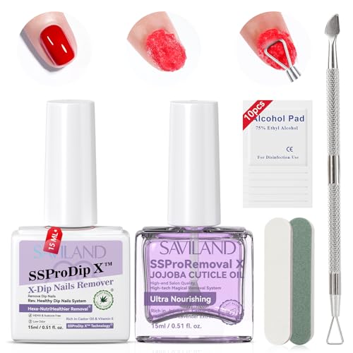 SAVILAND 3-In-1 Plant Based Dip Powder Remover Kit Fast-Acting Gel & Acrylic Nail Remover with Nourishing Castor Oil & VE No Residue, Includes Cuticle Oil & Scraper