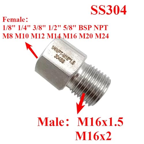 Buje reductor hexagonal de acero inoxidable 304 M16x1.5 macho resistente 6