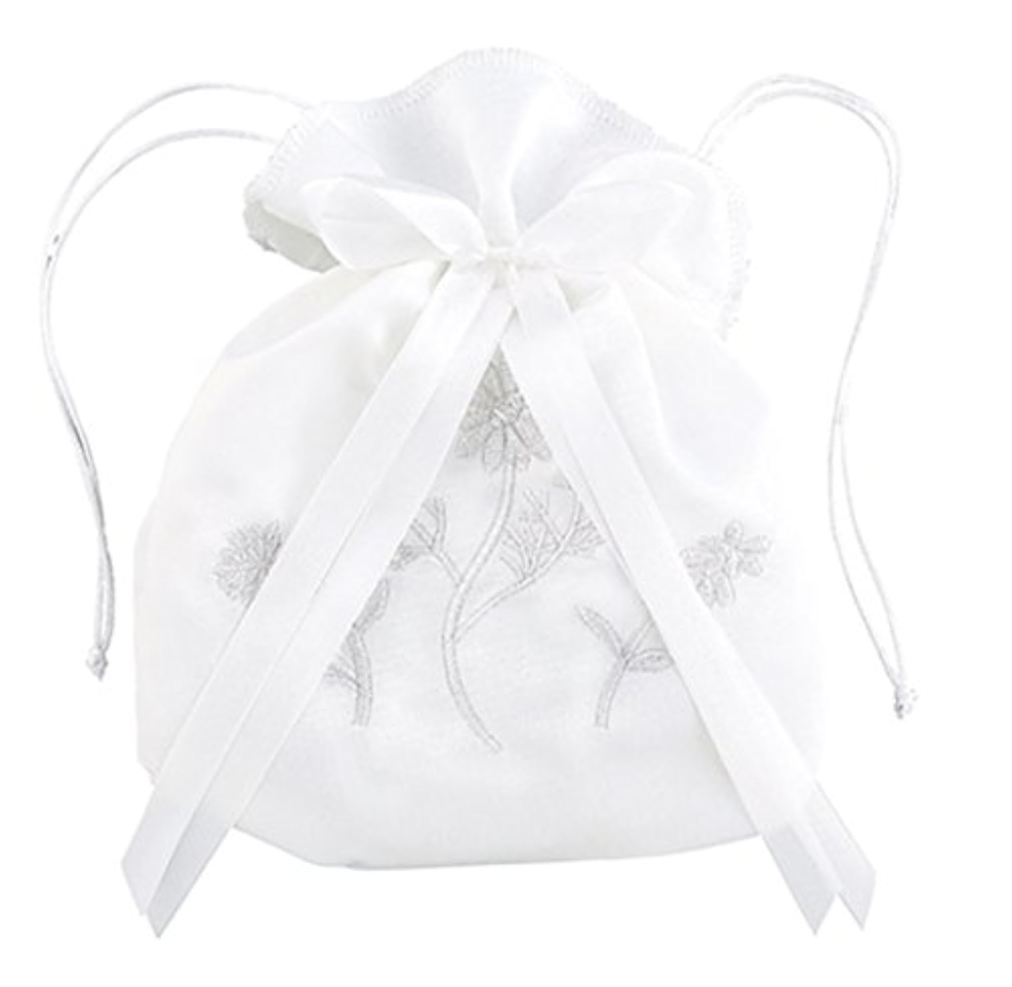 White Satin First Communion Drawstring Purse, Embroidered Flowers