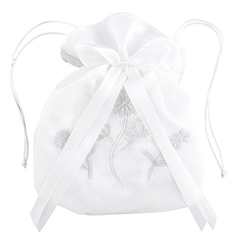 KOKSII Sacred Traditions White Satin First Communion Drawstring Purse with Embroidered Flowers and Bow, 7 Inch
